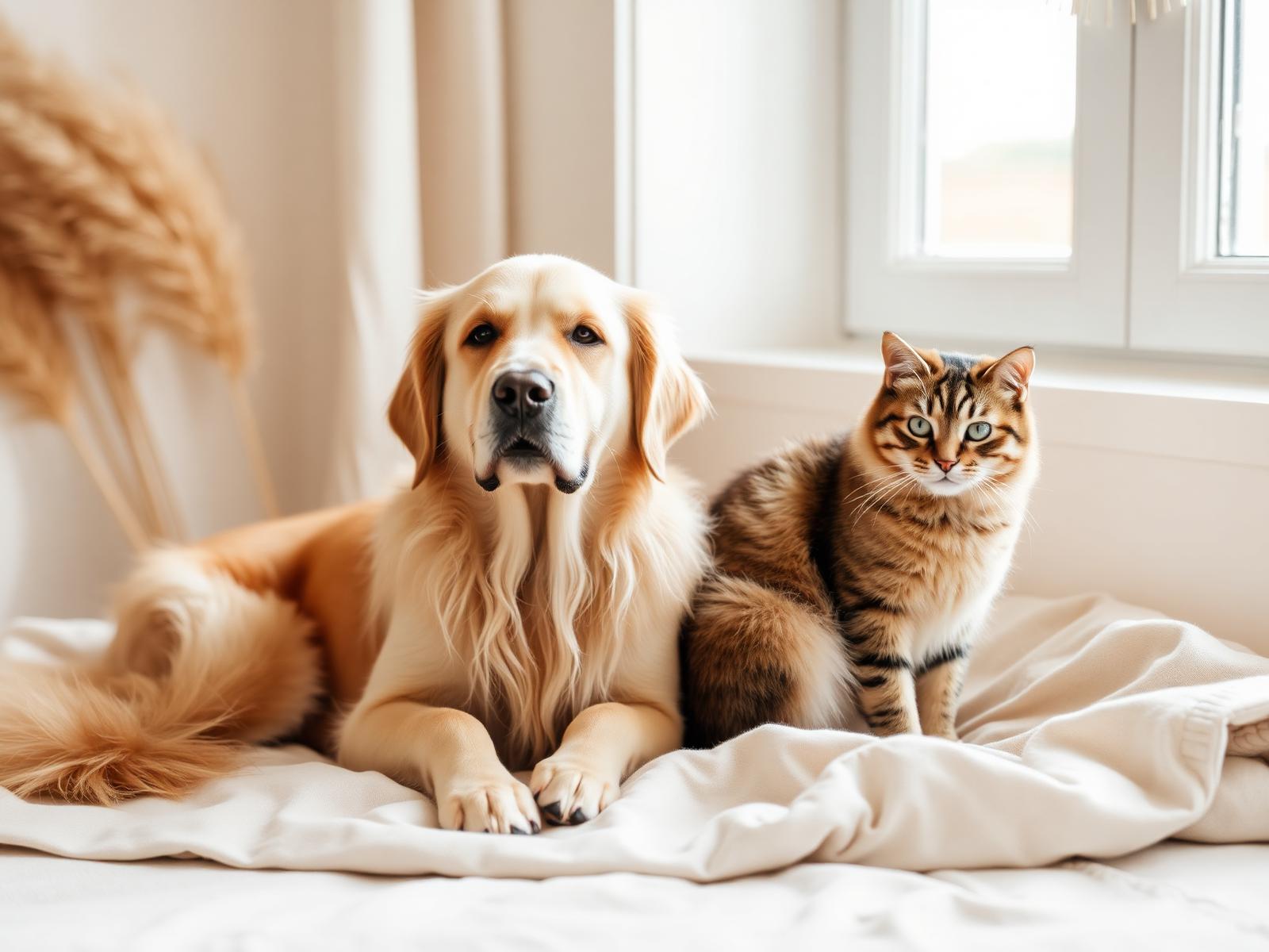 A dog and a cat on a linen blanket